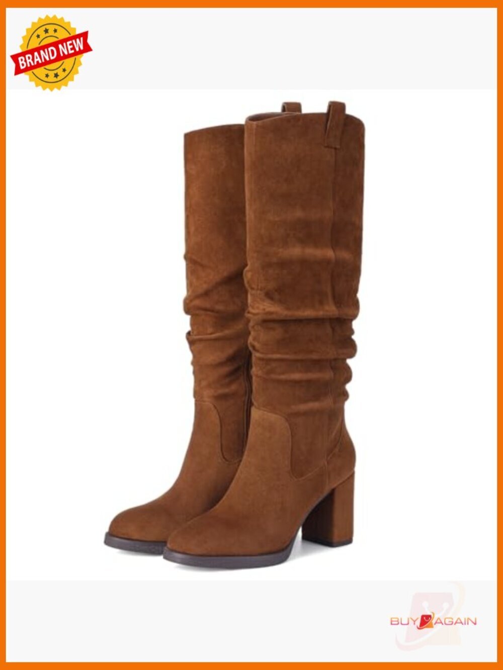 Knee High Boots with Chunky Heel, Slouch Style, Side Zipper, Faux Suede - Picture 5 of 7